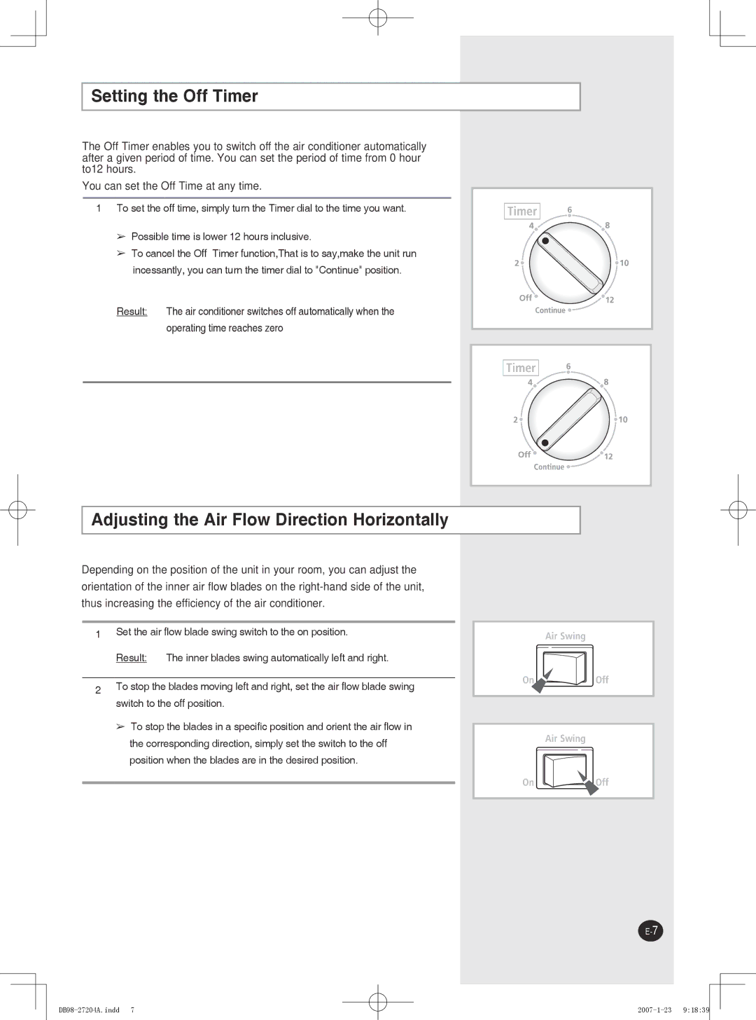 Samsung AW09P2, AW12P2, AW07P2 user manual Setting the Off Timer, Adjusting the Air Flow Direction Horizontally 