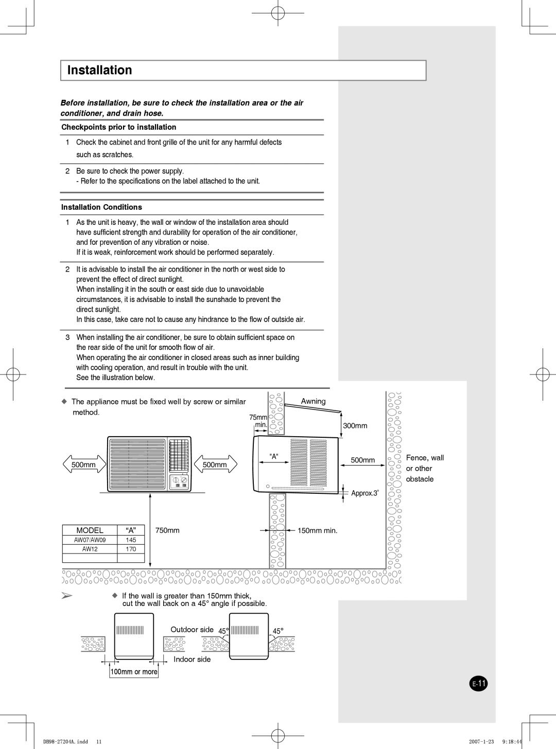 Samsung AW07P2, AW12P2, AW09P2 user manual Checkpoints prior to installation, Installation Conditions 