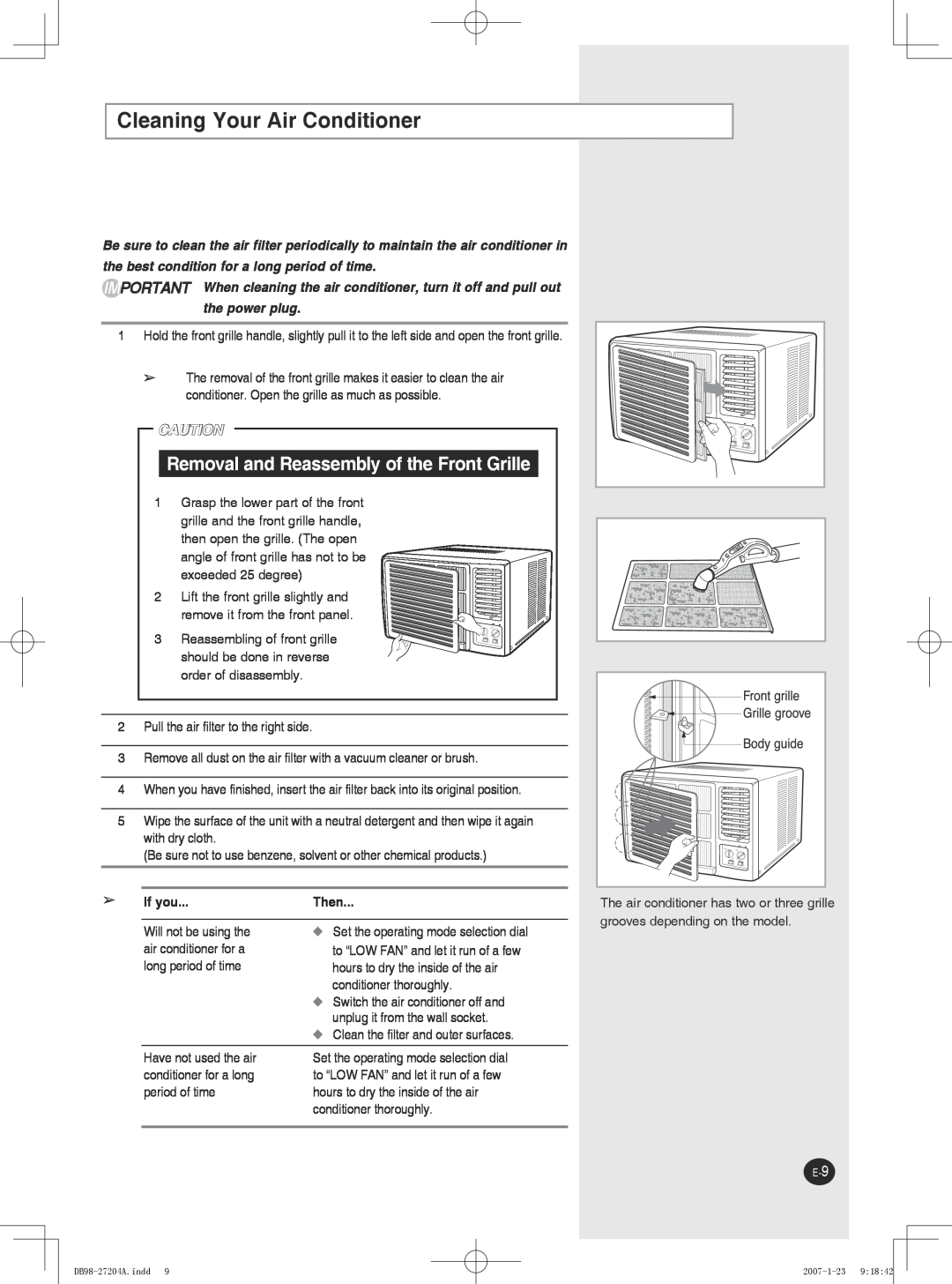 Samsung AW12P2, AW09P2, AW07P2 user manual Cleaning Your Air Conditioner, Removal and Reassembly of the Front Grille 
