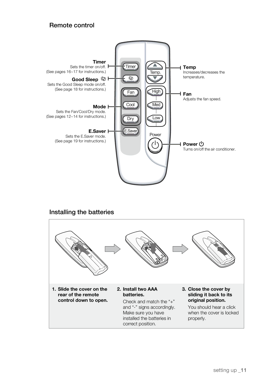 Samsung AW08ECB, AW18ECB, AW25ECB, AW15ECB, AW12ECB, AW10ECB user manual Remote control, Installing the batteries 