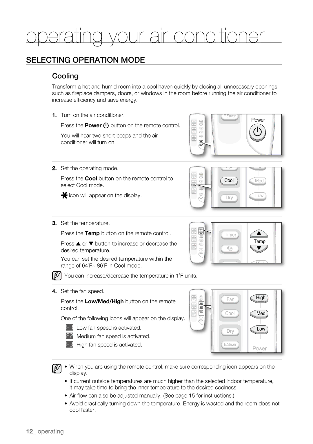 Samsung AW18ECB, AW25ECB, AW15ECB, AW12ECB, AW10ECB, AW08ECB user manual Operating your air conditioner, Cooling 