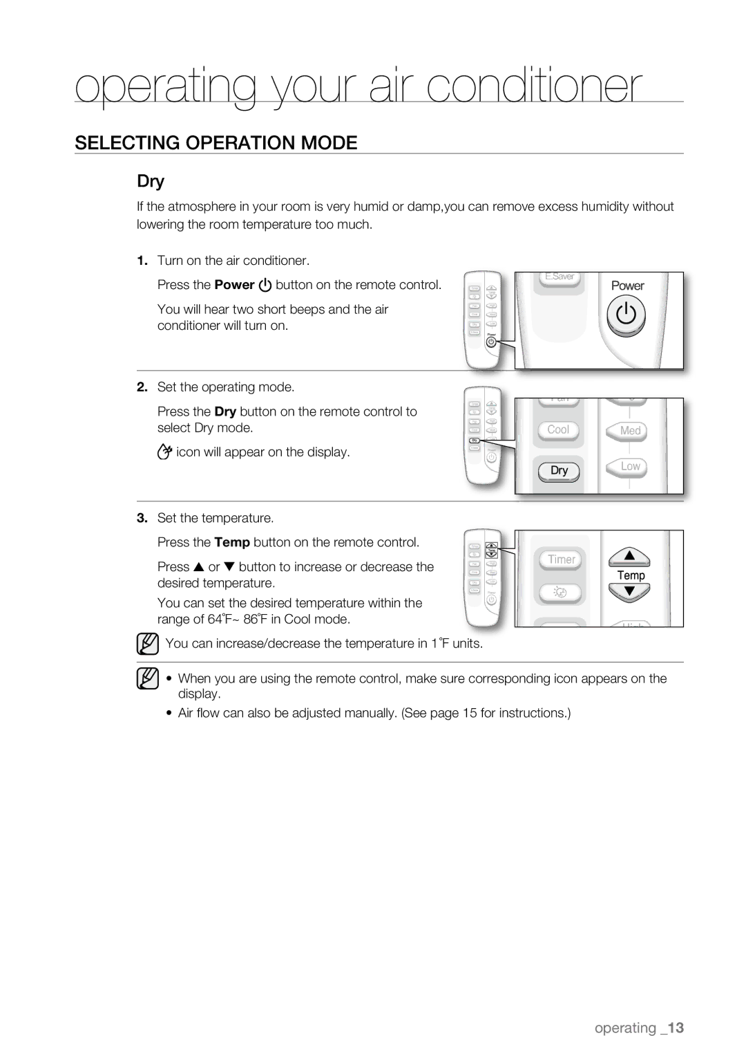 Samsung AW25ECB, AW18ECB, AW15ECB, AW12ECB, AW10ECB, AW08ECB user manual Dry 