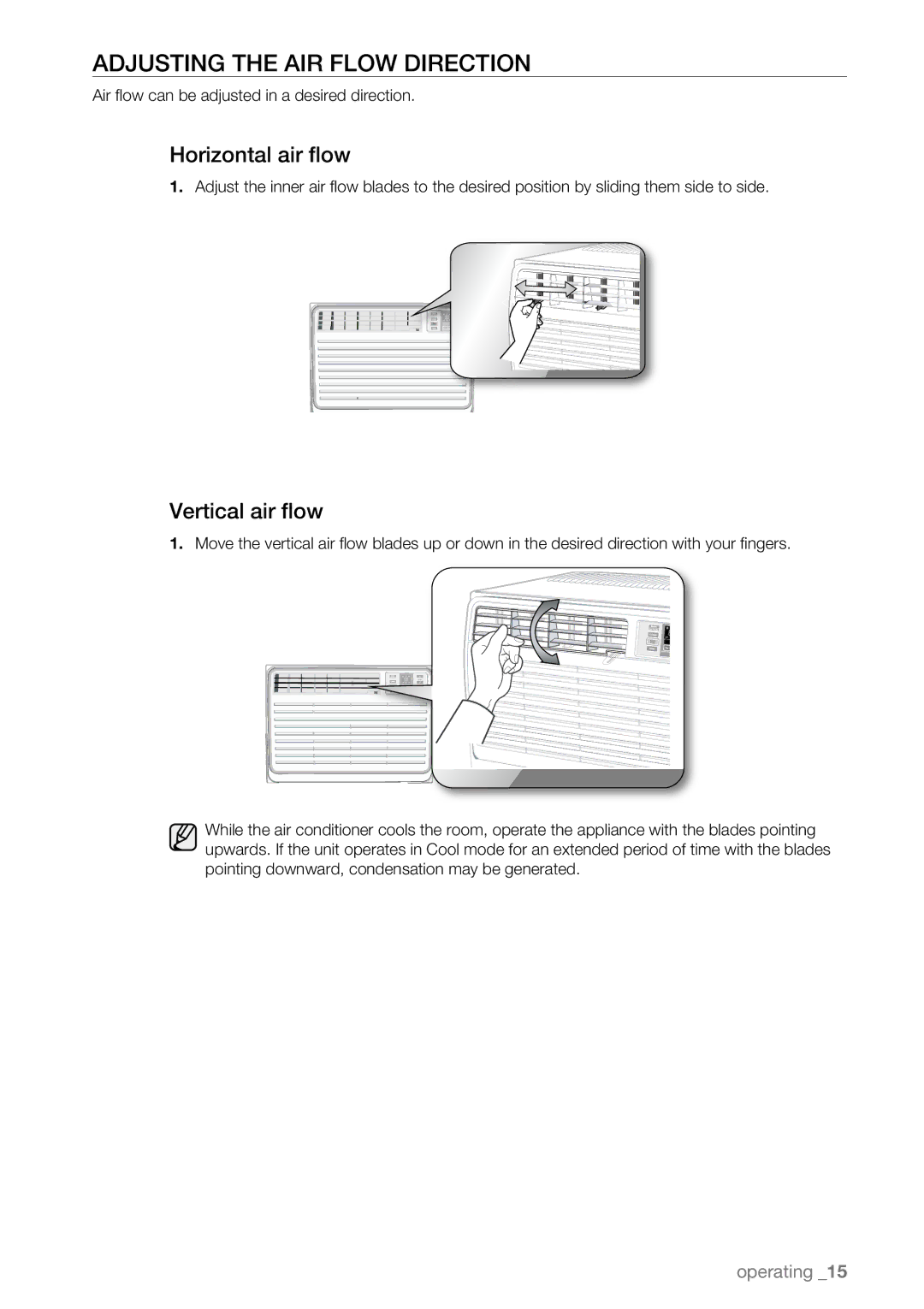 Samsung AW12ECB, AW18ECB, AW25ECB, AW15ECB, AW10ECB Adjusting the AIR Flow Direction, Horizontal air flow, Vertical air flow 