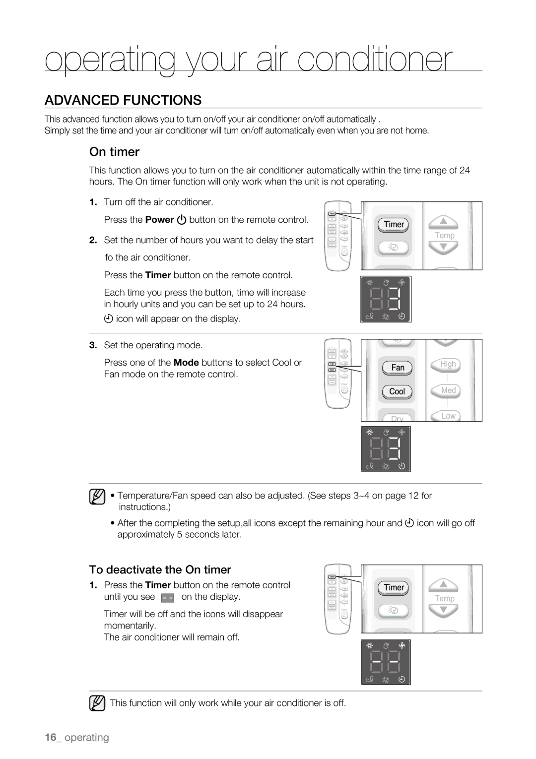 Samsung AW10ECB, AW18ECB, AW25ECB, AW15ECB, AW12ECB, AW08ECB user manual Advanced Functions, To deactivate the On timer 