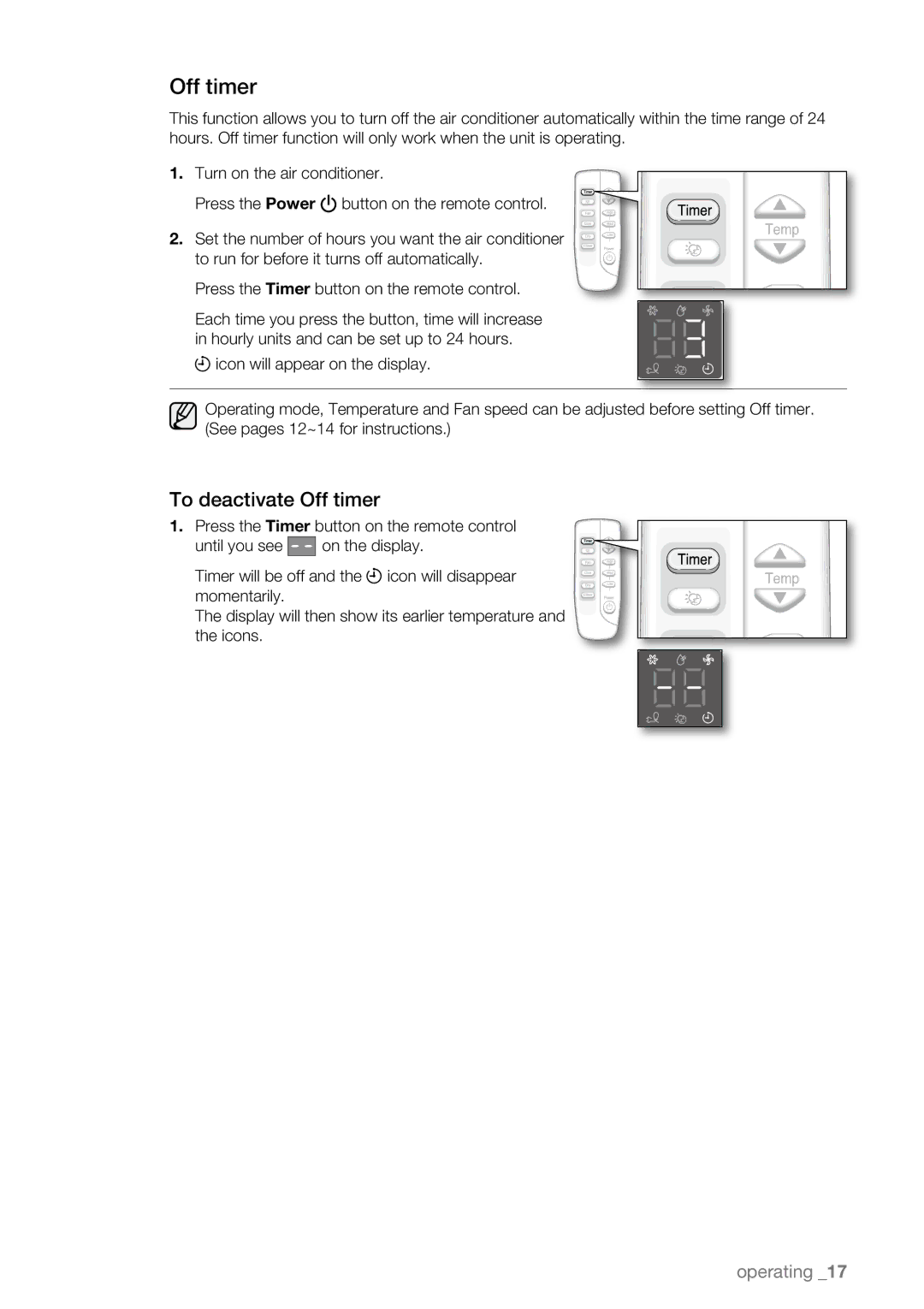 Samsung AW08ECB, AW18ECB, AW25ECB, AW15ECB, AW12ECB, AW10ECB user manual To deactivate Off timer 