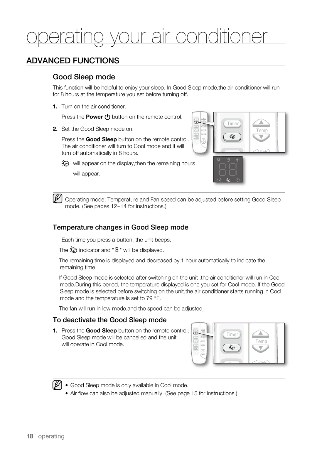 Samsung AW18ECB, AW25ECB, AW15ECB, AW12ECB Temperature changes in Good Sleep mode, To deactivate the Good Sleep mode 