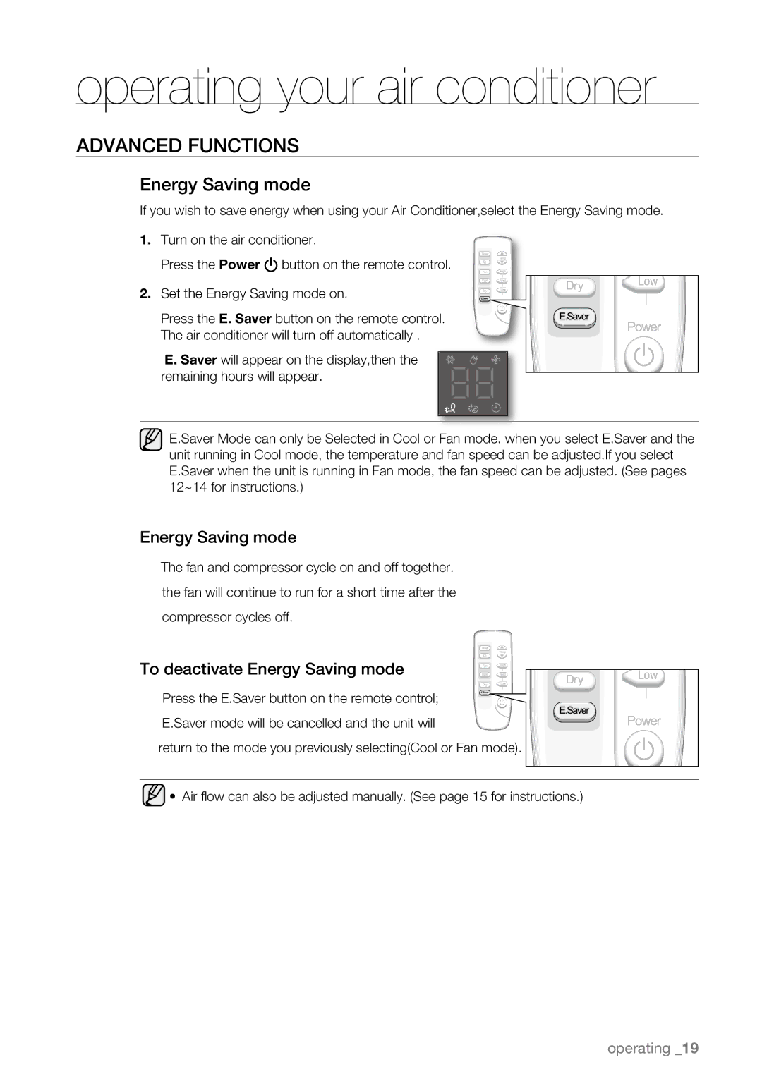 Samsung AW25ECB, AW18ECB, AW15ECB, AW12ECB, AW10ECB, AW08ECB user manual To deactivate Energy Saving mode 