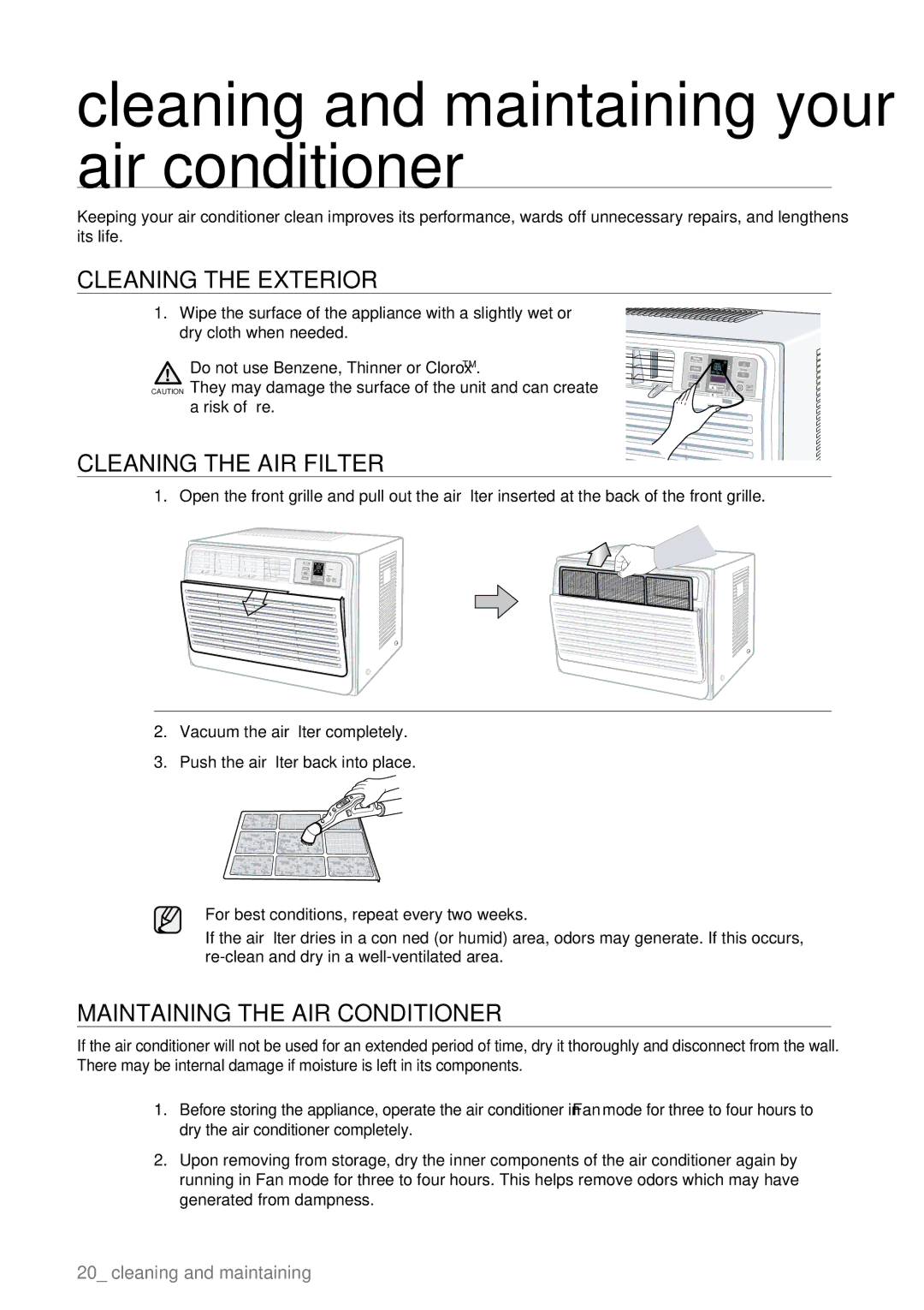 Samsung AW15ECB, AW18ECB Cleaning and maintaining your air conditioner, Cleaning the Exterior, Cleaning the AIR Filter 