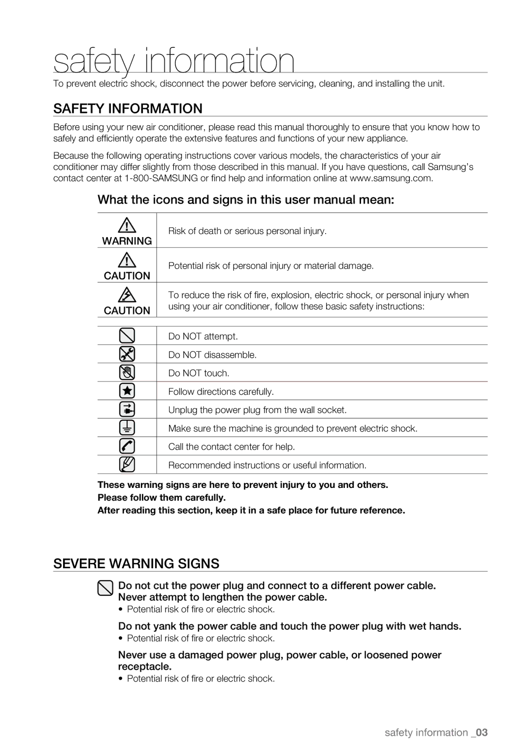 Samsung AW12ECB, AW18ECB, AW25ECB, AW15ECB, AW10ECB, AW08ECB Safety information, Safety Information, Severe Warning Signs 