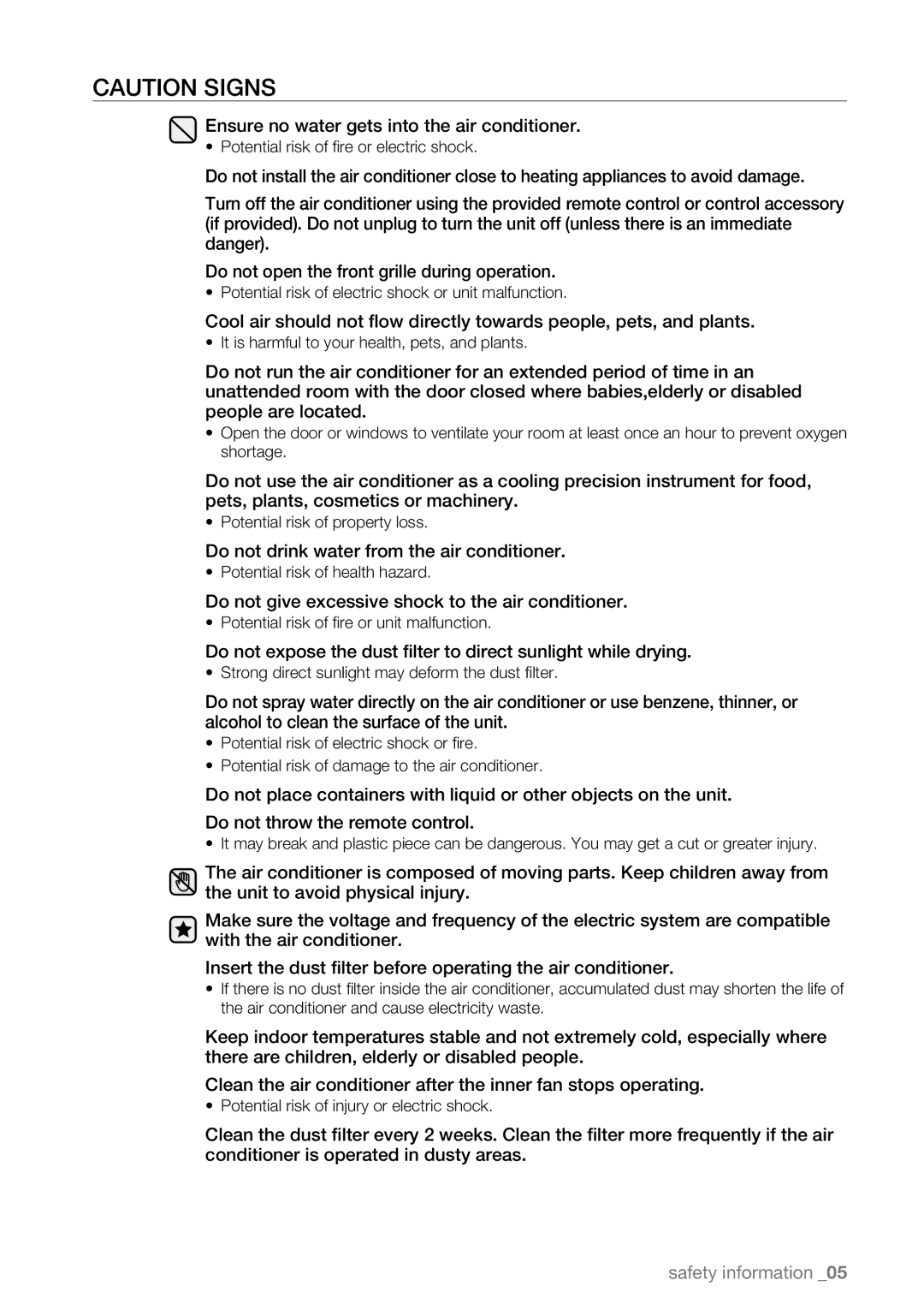 Samsung AW08ECB, AW18ECB, AW25ECB, AW15ECB, AW12ECB, AW10ECB user manual Ensure no water gets into the air conditioner 