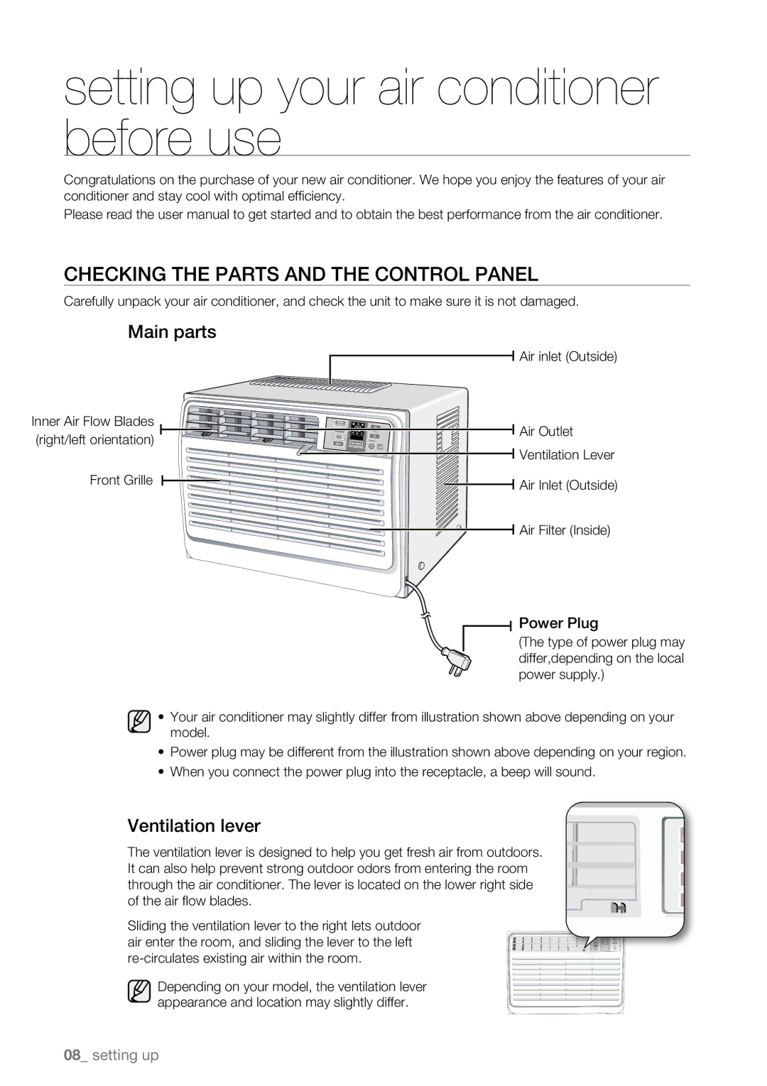 Samsung AW15ECB, AW18ECB Setting up your air conditioner before use, Checking the Parts and the Control Panel, Main parts 