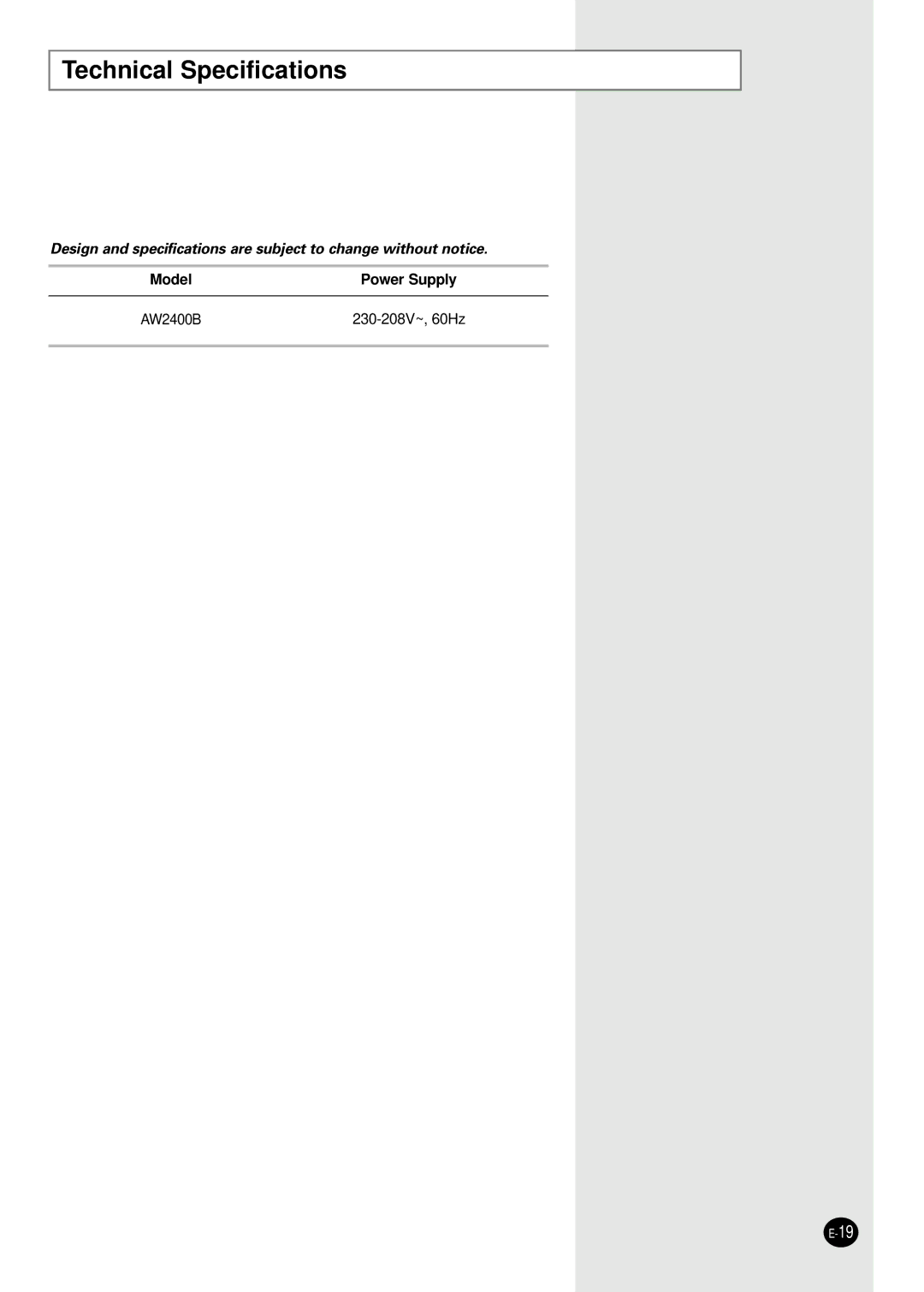 Samsung AW2400B manual Technical Specifications 