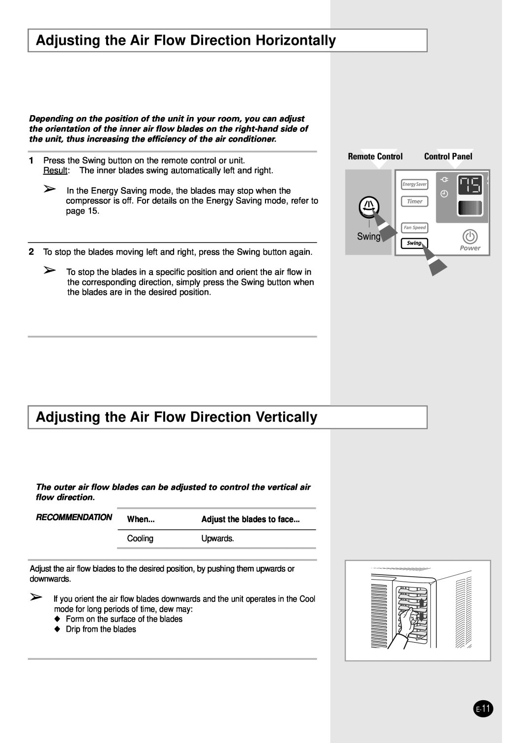 Samsung AW2400B manual Adjusting the Air Flow Direction Horizontally, Adjusting the Air Flow Direction Vertically 