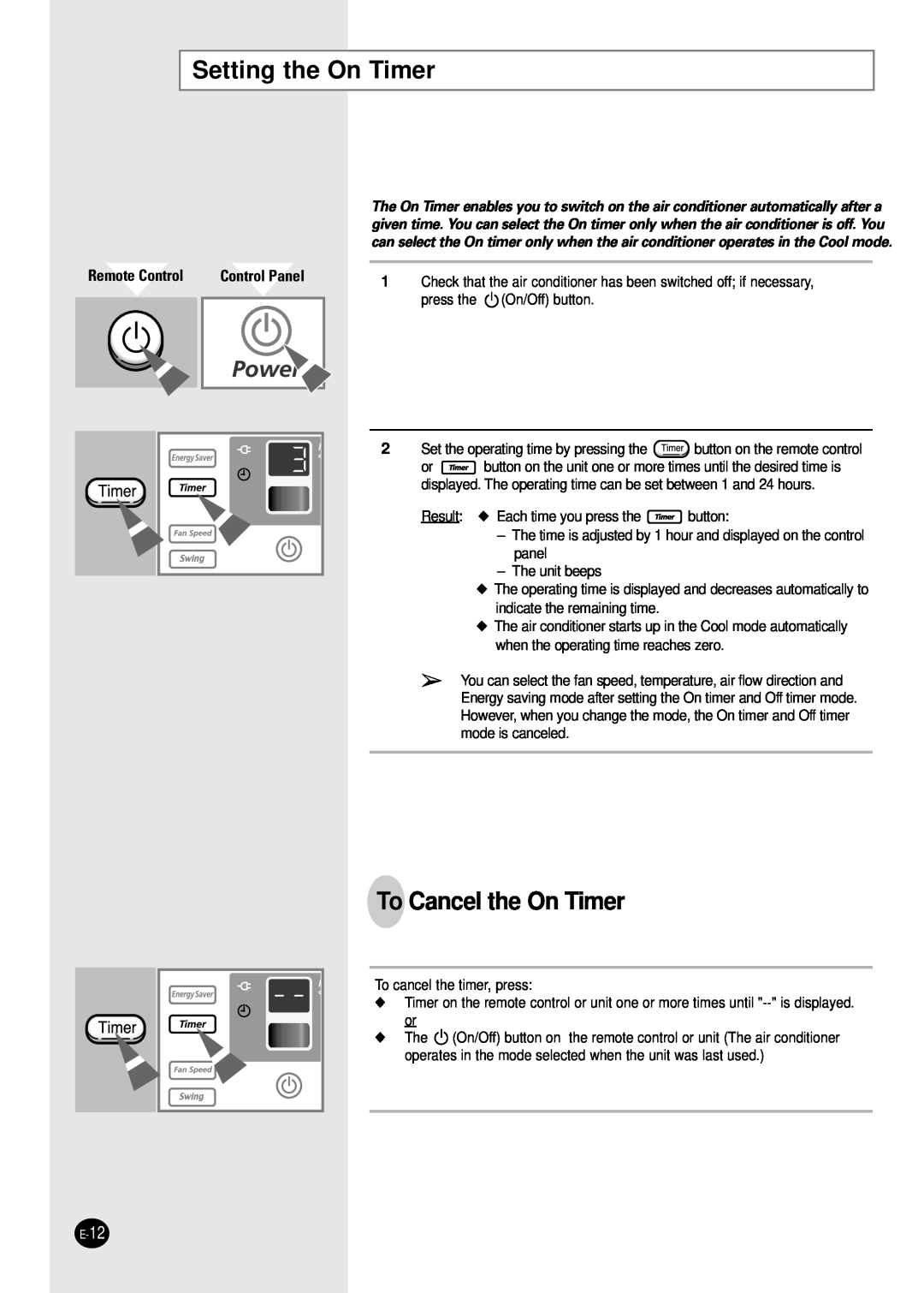 Samsung AW2400B manual Setting the On Timer, To Cancel the On Timer, Remote Control, Control Panel 