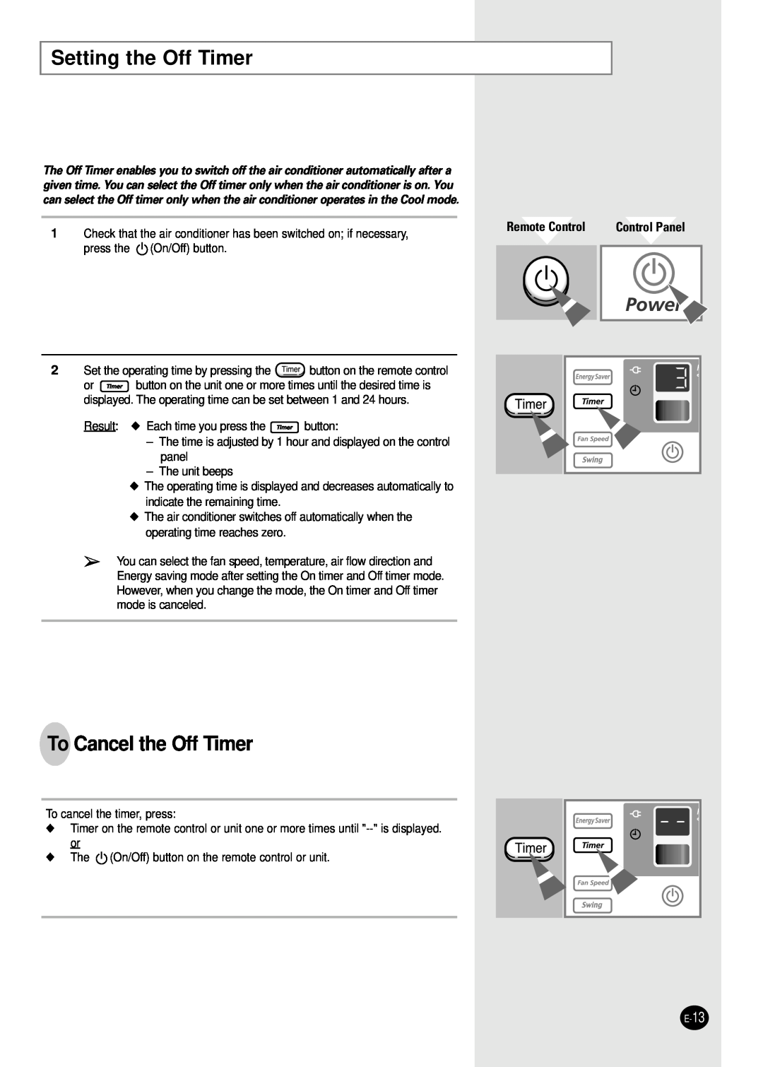 Samsung AW2400B manual Setting the Off Timer, To Cancel the Off Timer, Control Panel, Remote Control 