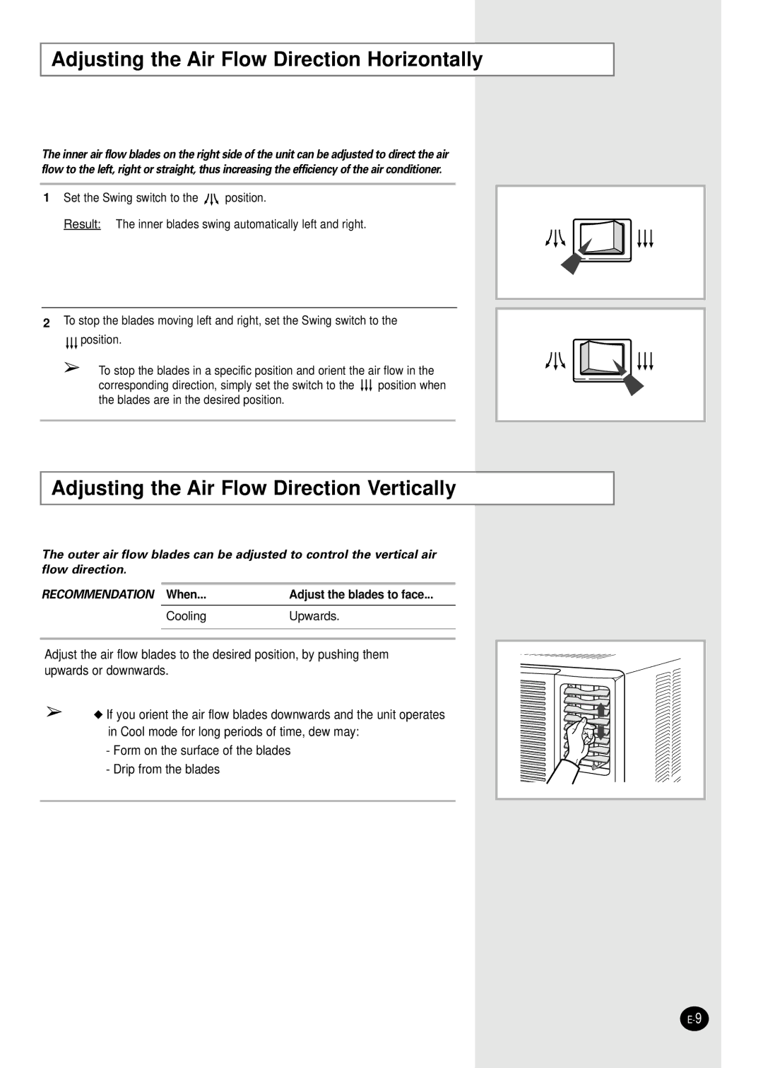 Samsung AW2400M manual Adjusting the Air Flow Direction Horizontally, Adjusting the Air Flow Direction Vertically 