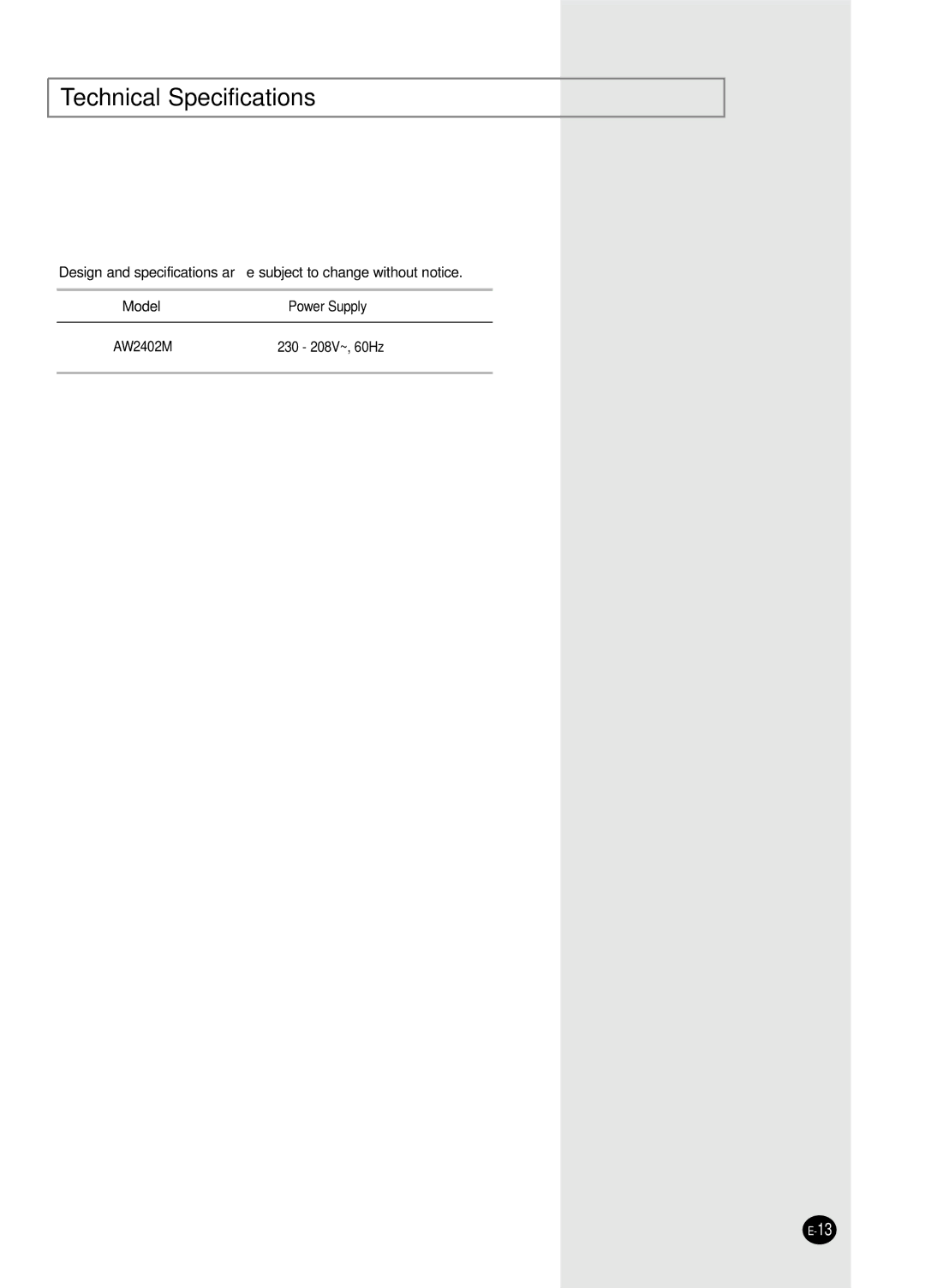 Samsung AW2402M manual Technical Specifications 