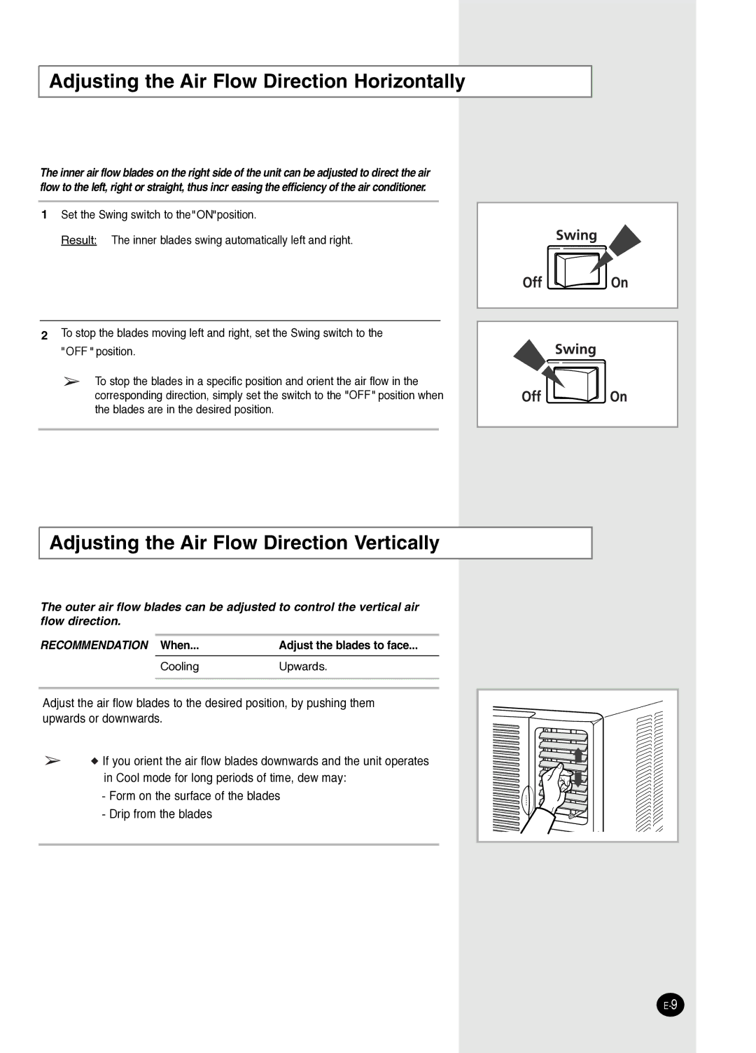 Samsung AW2402M manual Adjusting the Air Flow Direction Horizontally, Adjusting the Air Flow Direction Vertically 