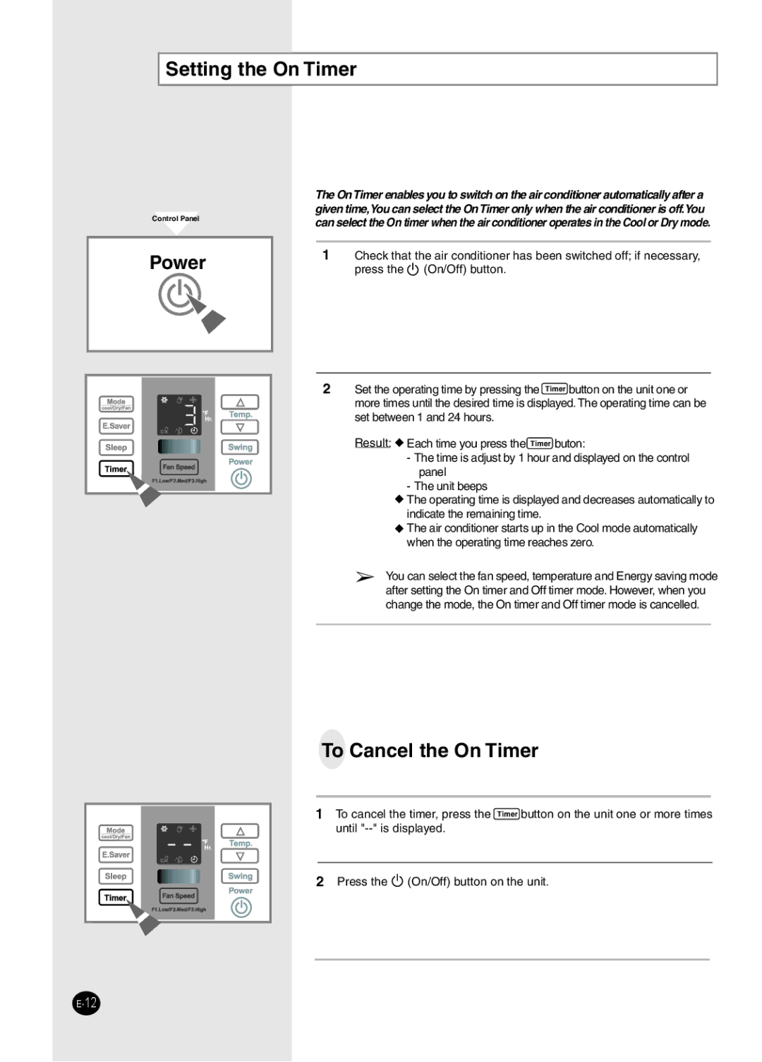 Samsung AW2492L manual Setting the On Timer, To Cancel the On Timer 