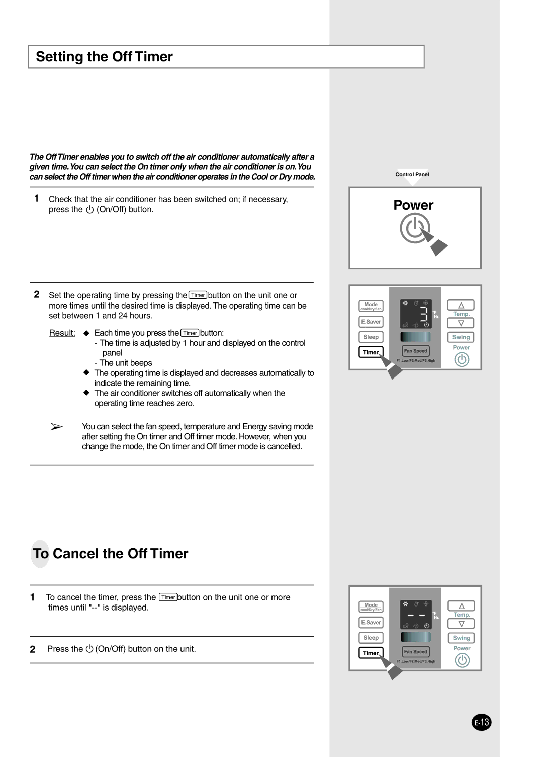 Samsung AW2492L manual Setting the Off Timer, To Cancel the Off Timer 