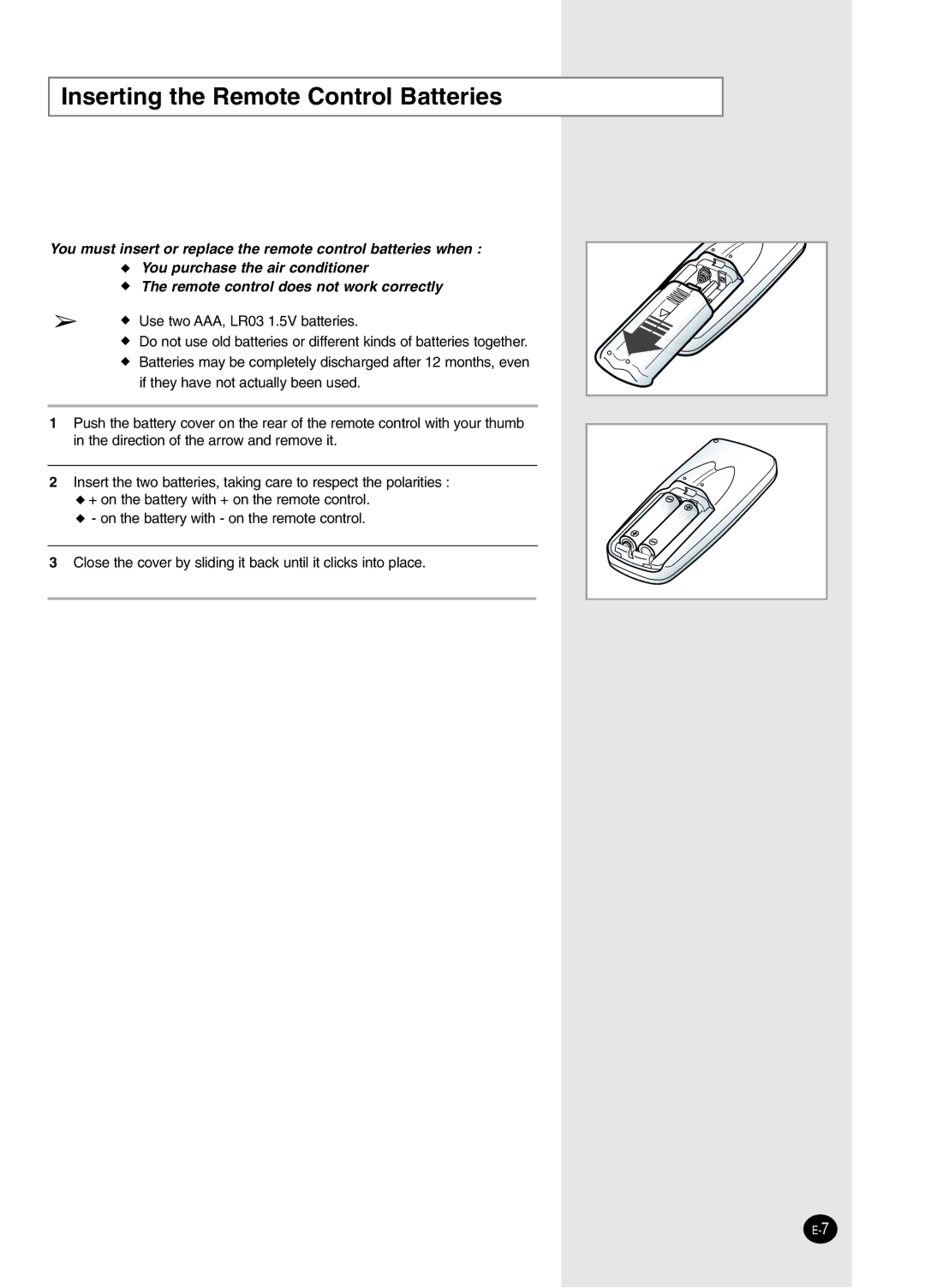 Samsung AW2492L manual Inserting the Remote Control Batteries 