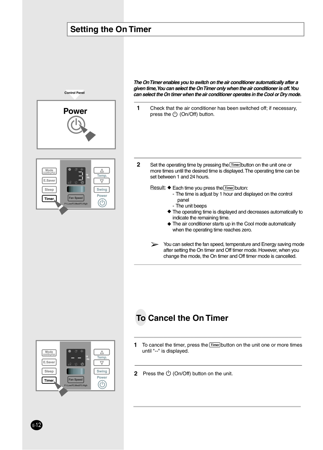 Samsung AW2492L manual Setting the On Timer, To Cancel the On Timer, Power 