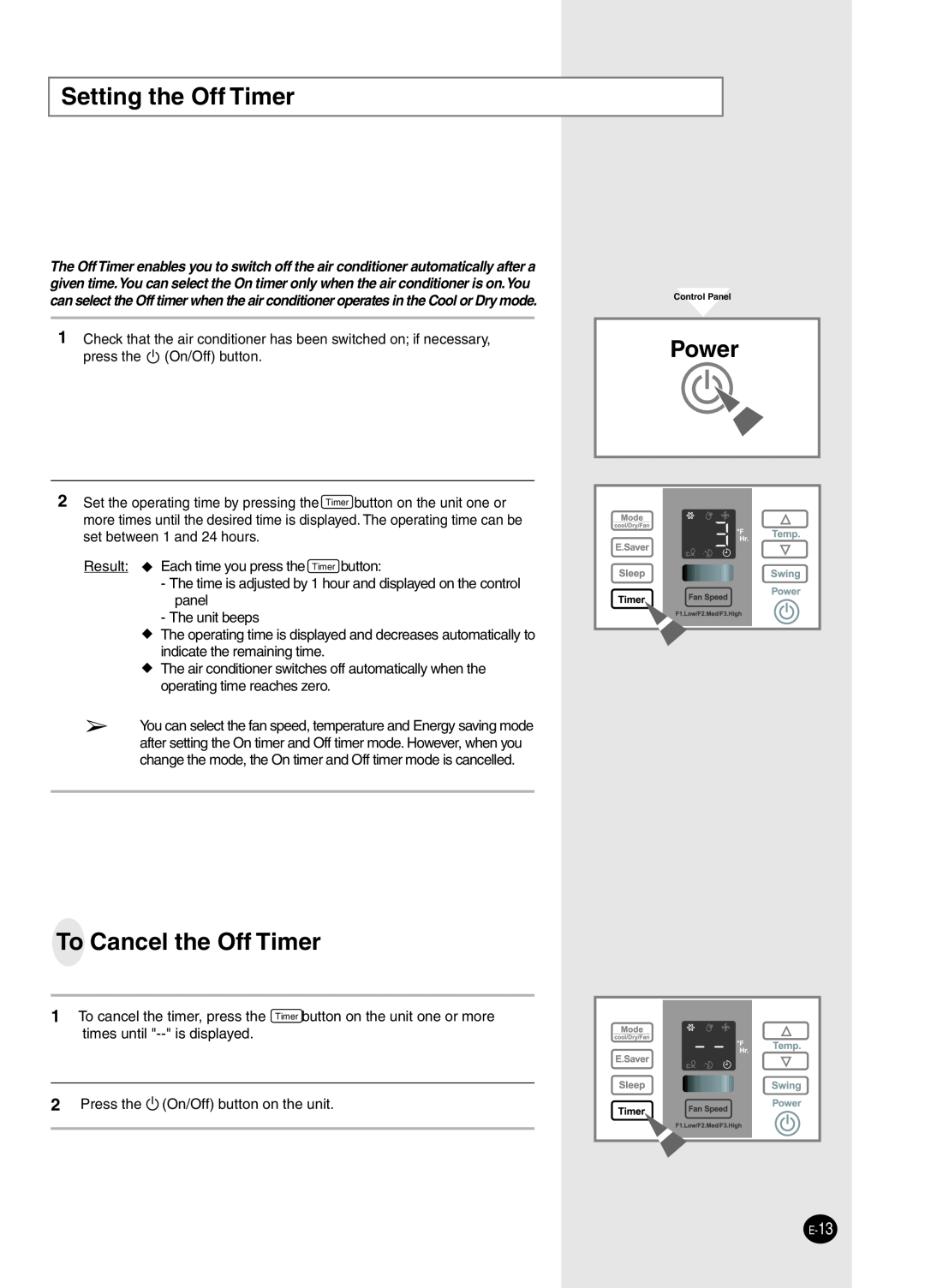 Samsung AW2492L manual Setting the Off Timer, To Cancel the Off Timer, Power 