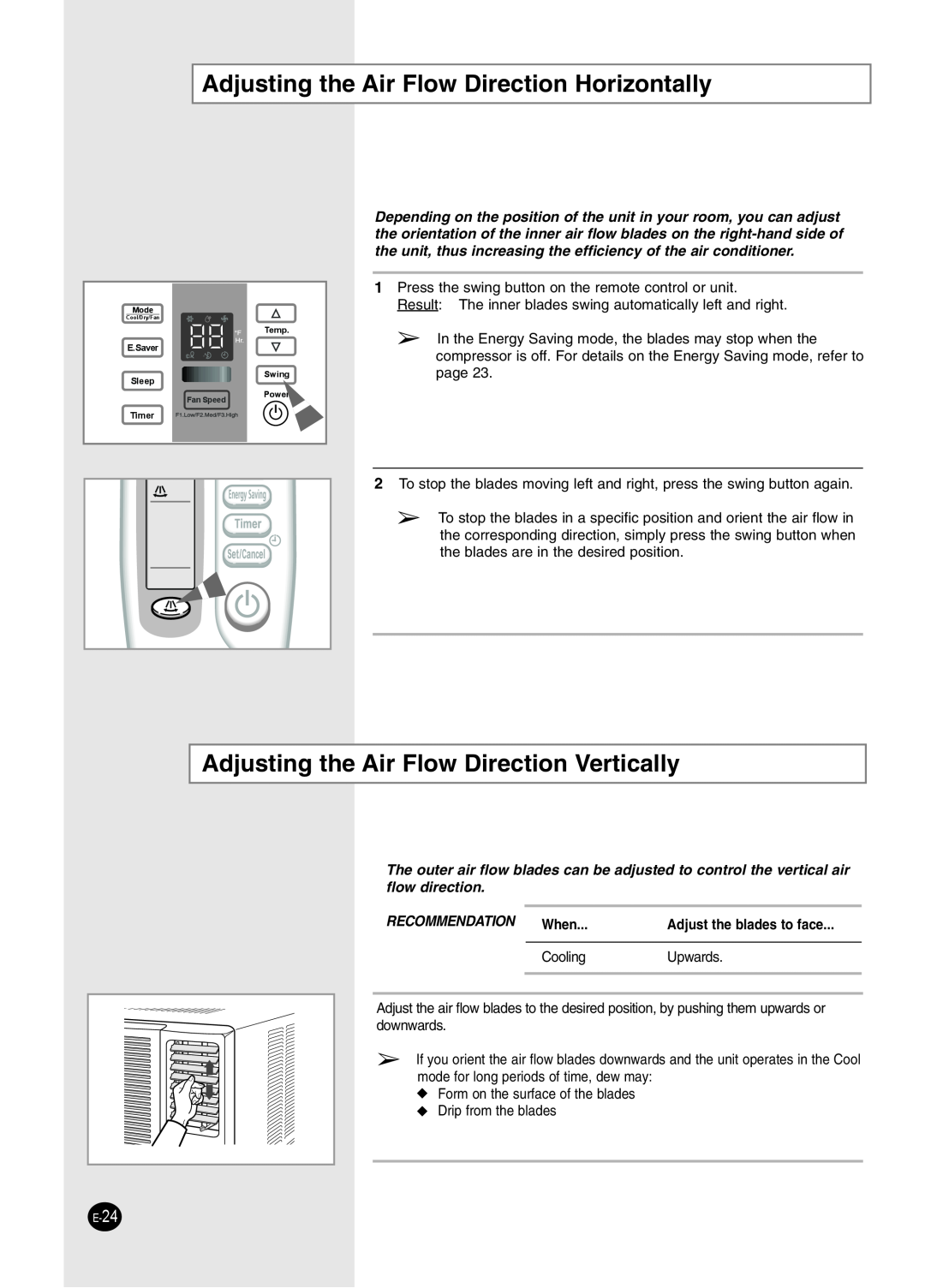 Samsung AW2492L manual Adjusting the Air Flow Direction Horizontally, Adjusting the Air Flow Direction Vertically 