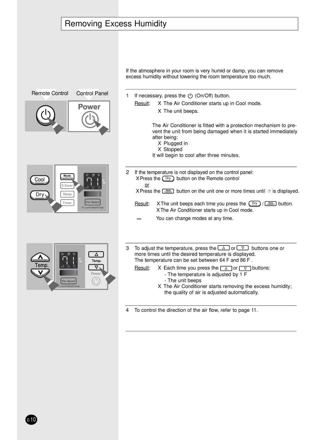 Samsung AW25ECB7 manual Removing Excess Humidity, Control Panel 