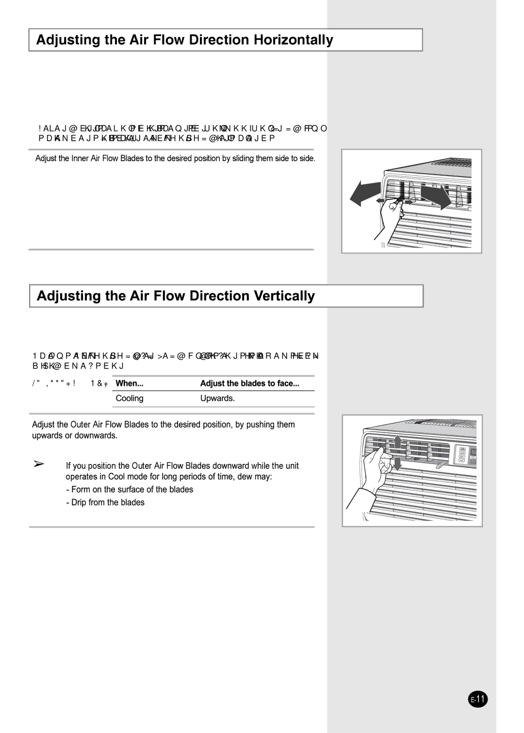 Samsung AW25ECB7 manual Adjusting the Air Flow Direction Horizontally, Outer a F B Position Outer a F B while the operates 