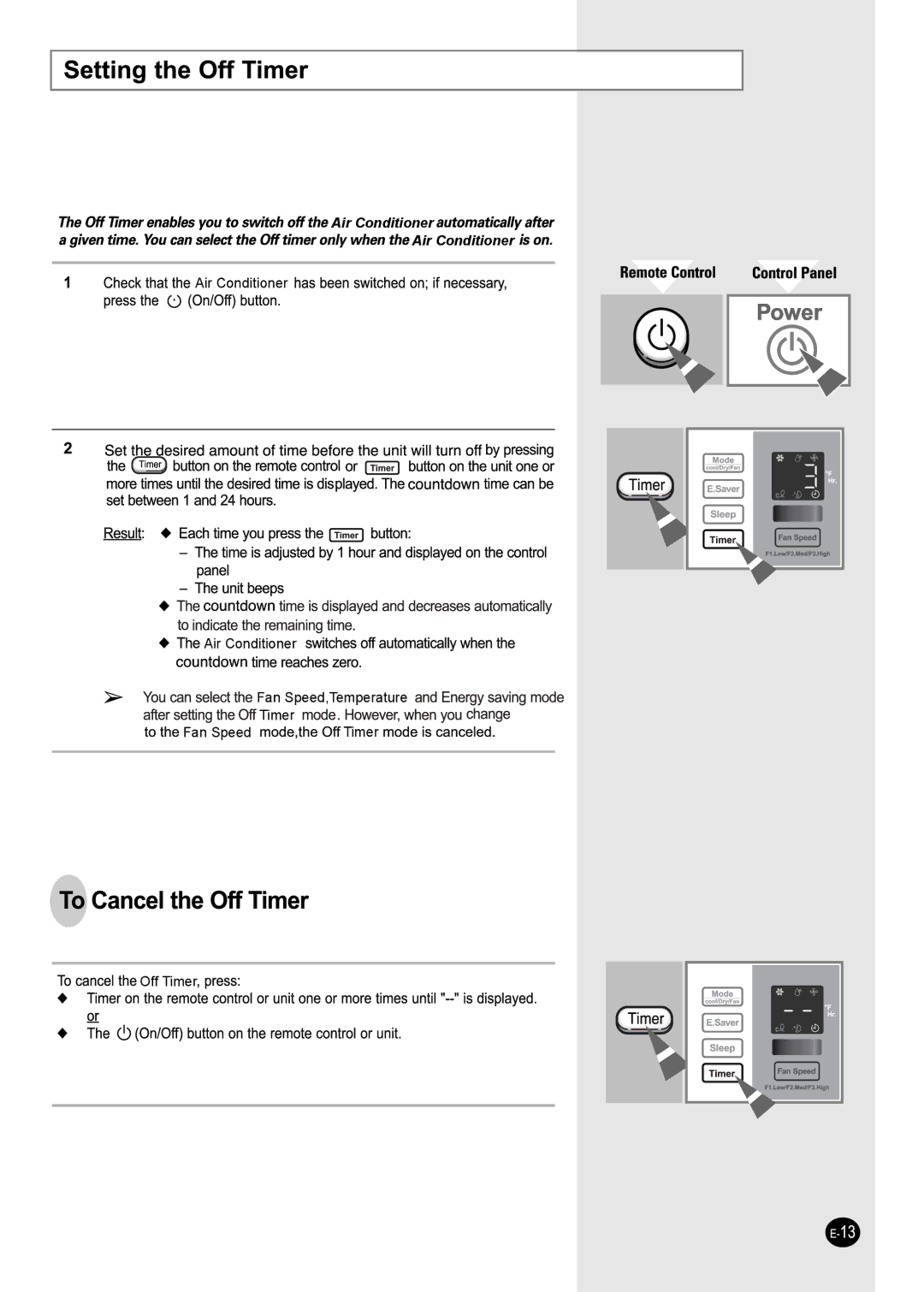 Samsung AW25ECB7 manual Air Conditioner Fan Speed,Temperature Timer Off Timer 