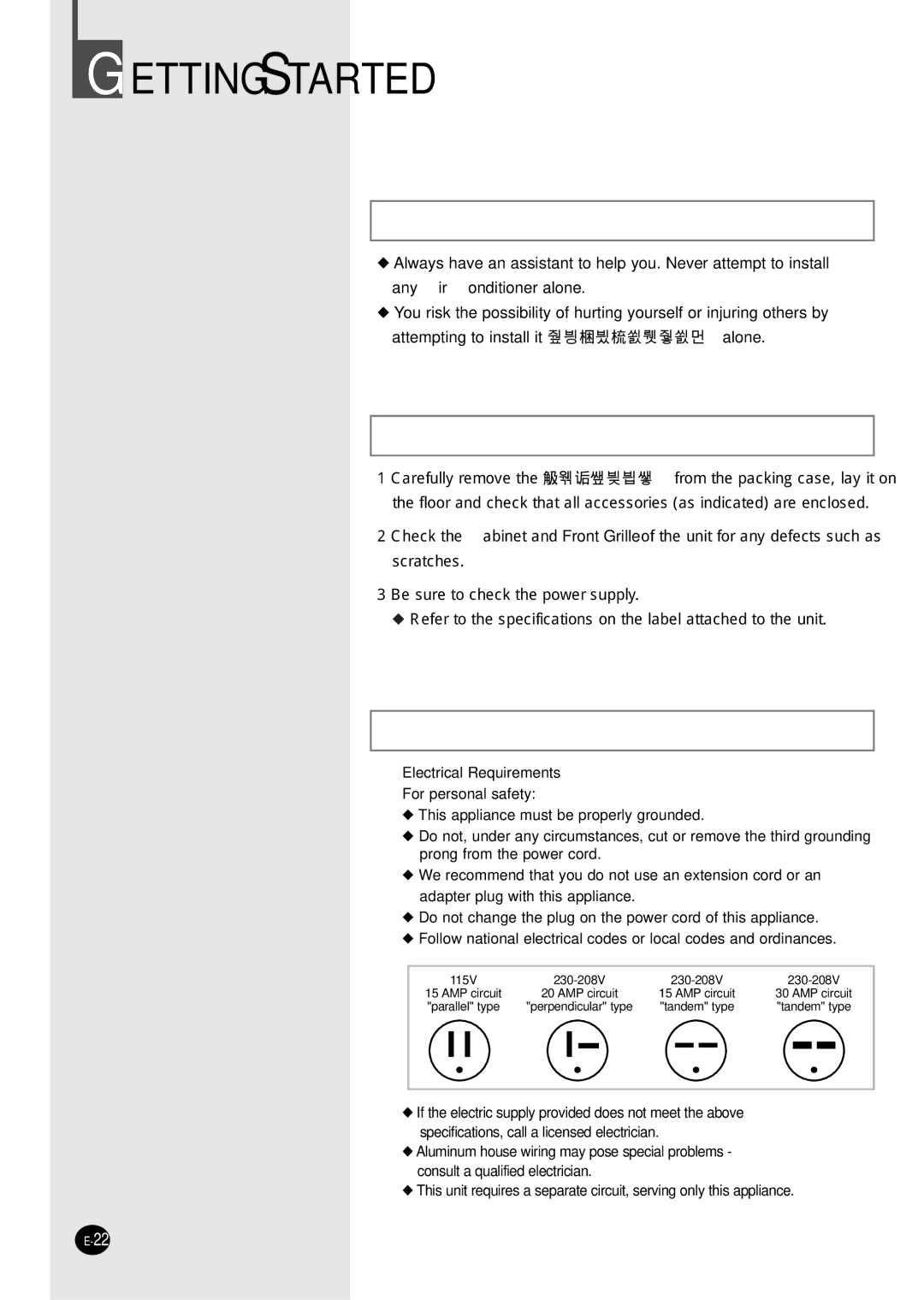 Samsung AW25ECB7 manual Preparation for Installation, Checkpoints Prior to Installation, Installation Conditions 