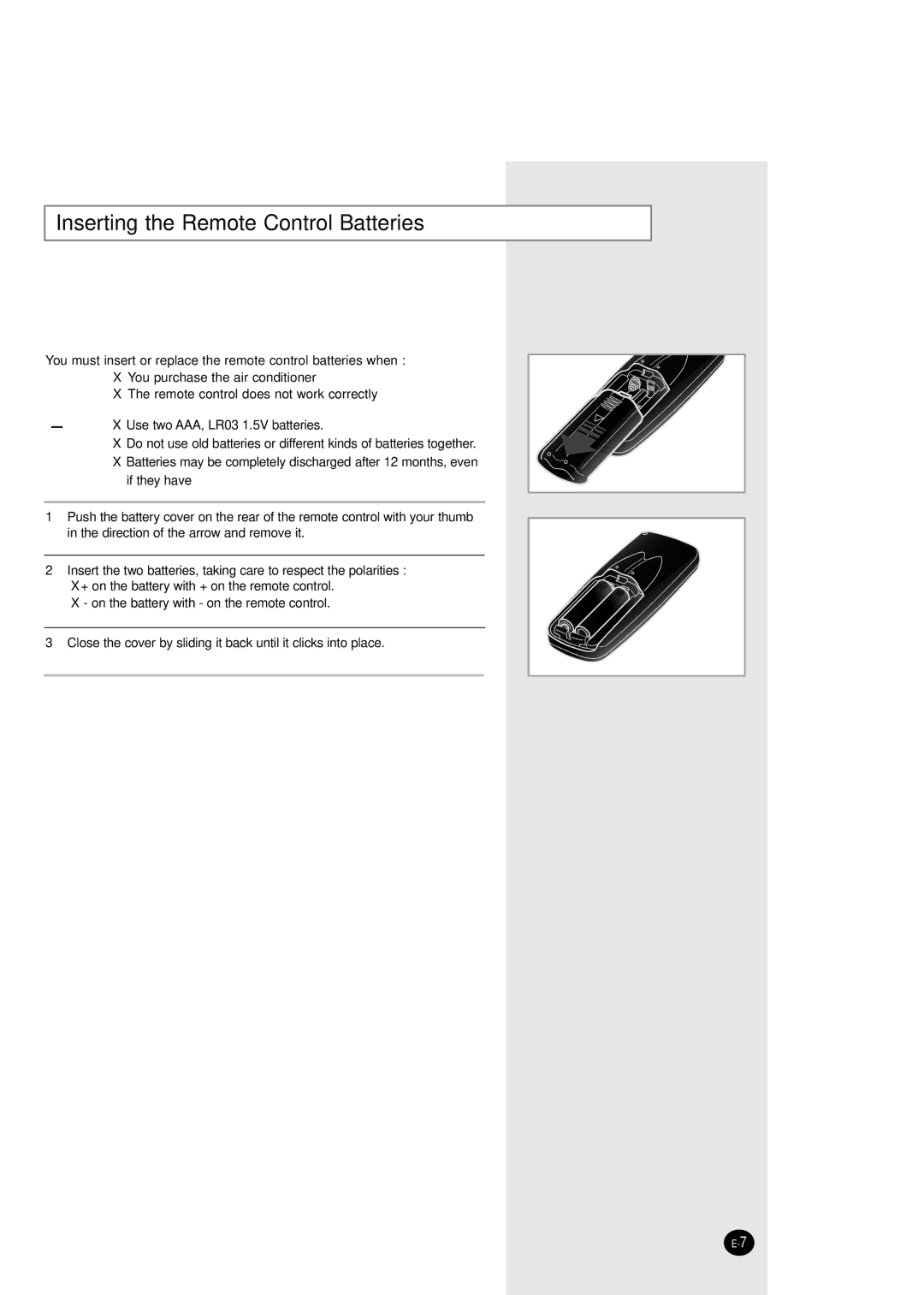 Samsung AW25ECB7 manual Inserting the Remote Control Batteries 