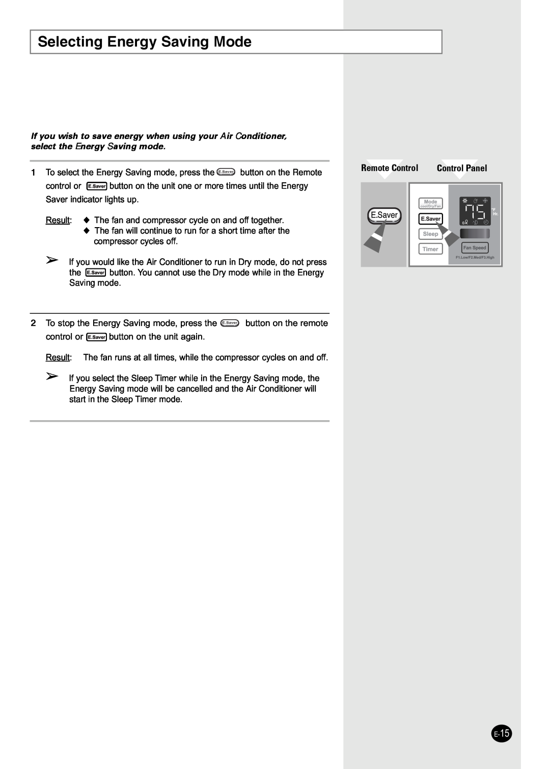 Samsung AW25ECB7 manual Selecting Energy Saving Mode, Remote Control 