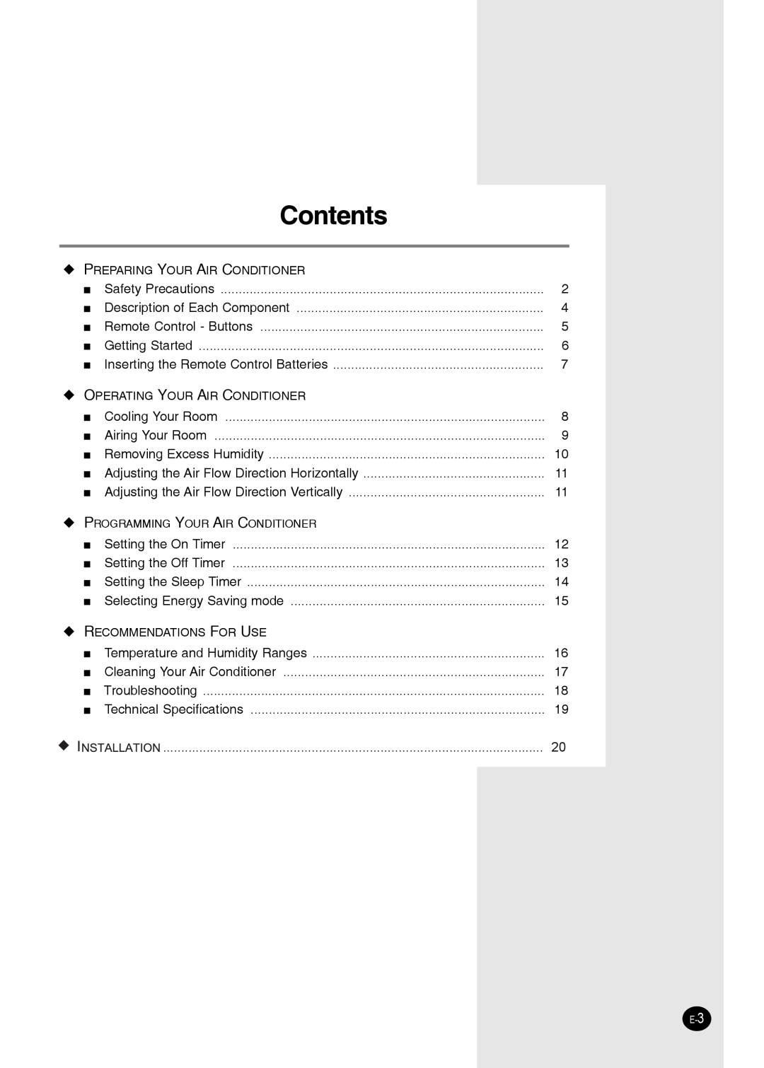 Samsung AW25ECB7 manual Contents 