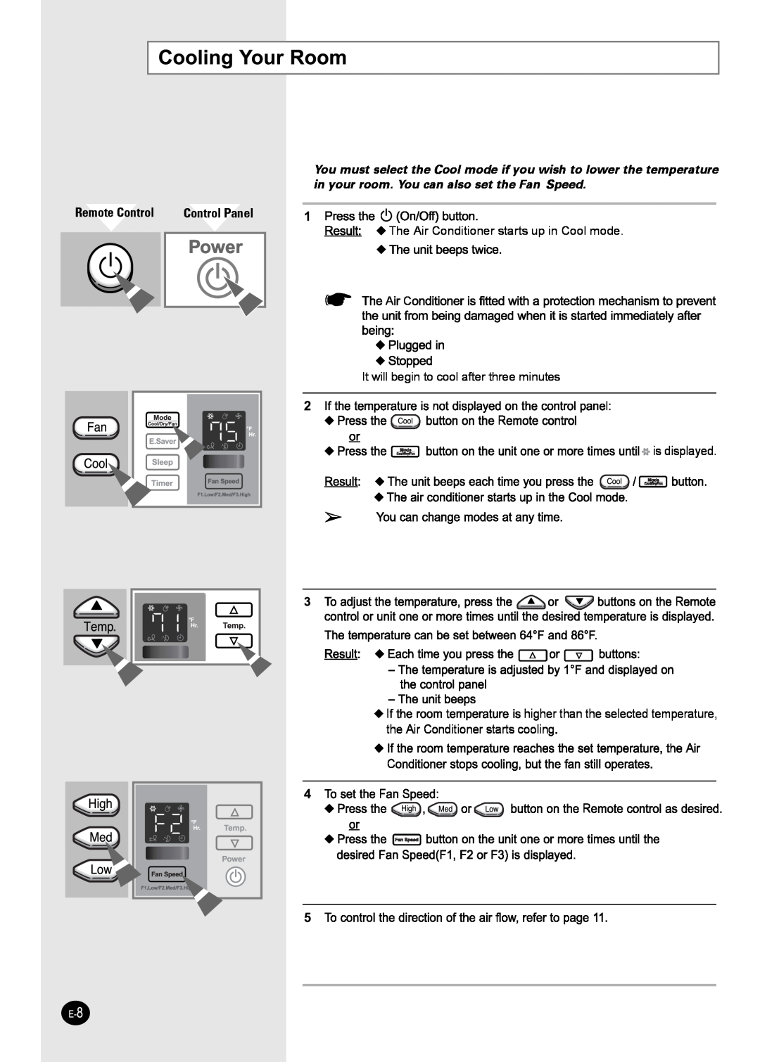 Samsung AW25ECB7 manual Remote Control, The Air Conditioner starts up in Cool mode AC, is displayed R, Fs S, Control Panel 