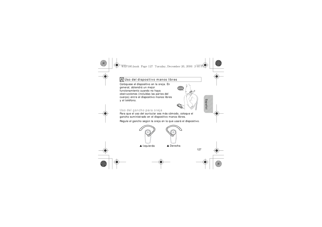 Samsung AWEP180EBECXET manual Uso del dispositivo manos libres, Uso del gancho para oreja, 127 