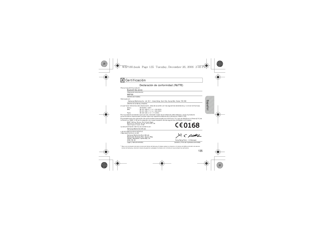 Samsung AWEP180EBECXET manual Certificación, 135 