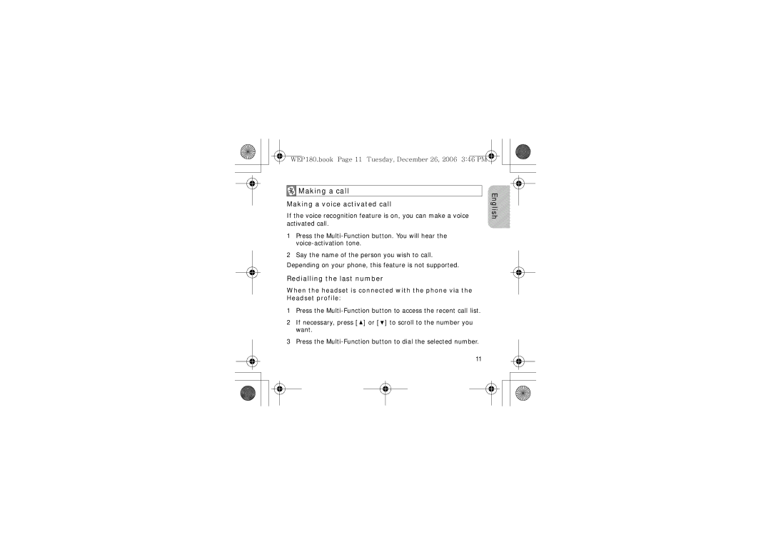 Samsung AWEP180EBECXET manual Making a call Making a voice activated call, Redialling the last number 