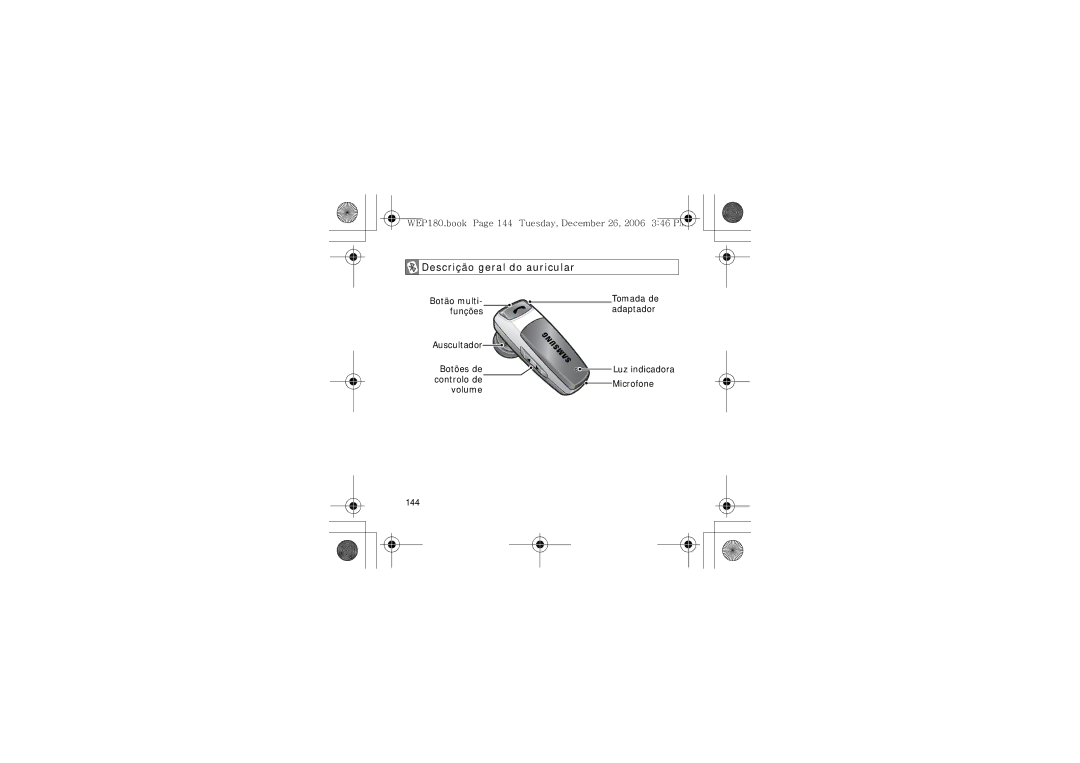 Samsung AWEP180EBECXET manual Descrição geral do auricular, 144 