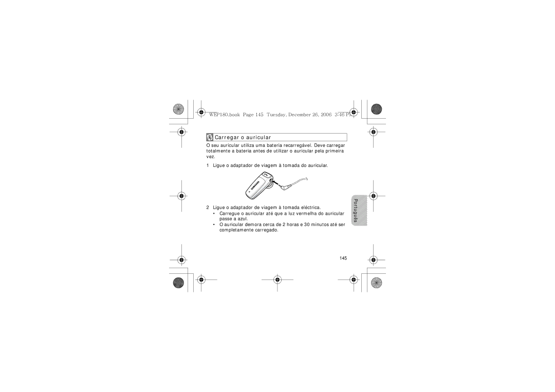 Samsung AWEP180EBECXET manual Carregar o auricular, 145 