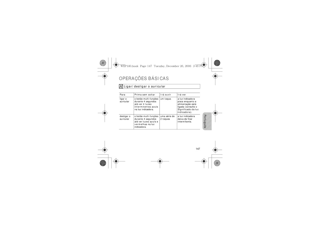 Samsung AWEP180EBECXET manual Operações Básicas, Ligar/desligar o auricular, 147 