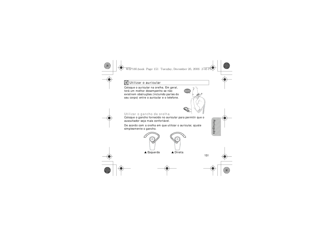 Samsung AWEP180EBECXET manual Utilizar o auricular, Utilizar o gancho da orelha, 151 