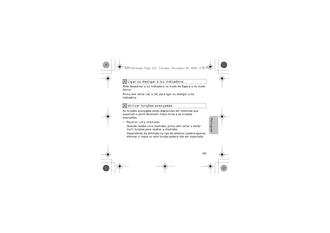 Samsung AWEP180EBECXET manual Ligar ou desligar a luz indicadora, Utilizar funções avançadas, Rejeitar uma chamada, 155 