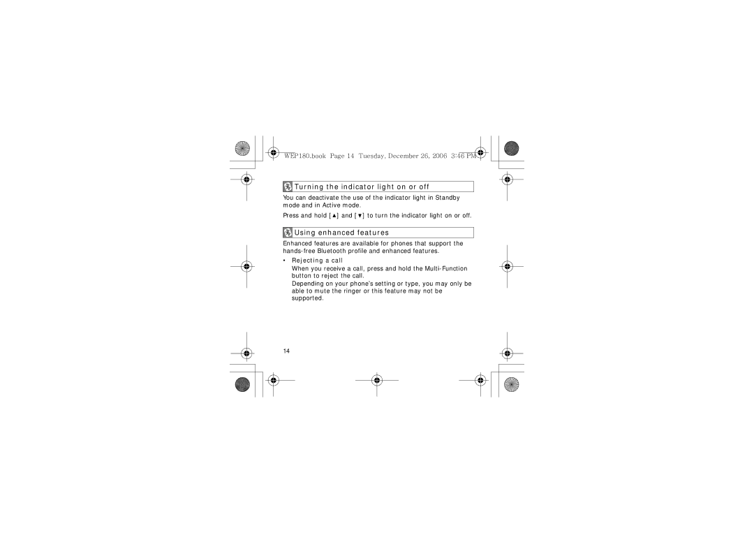 Samsung AWEP180EBECXET manual Turning the indicator light on or off, Using enhanced features, Rejecting a call 