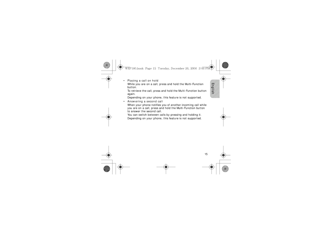 Samsung AWEP180EBECXET manual WEP180.book Page 15 Tuesday, December 26, 2006 346 PM, Placing a call on hold 