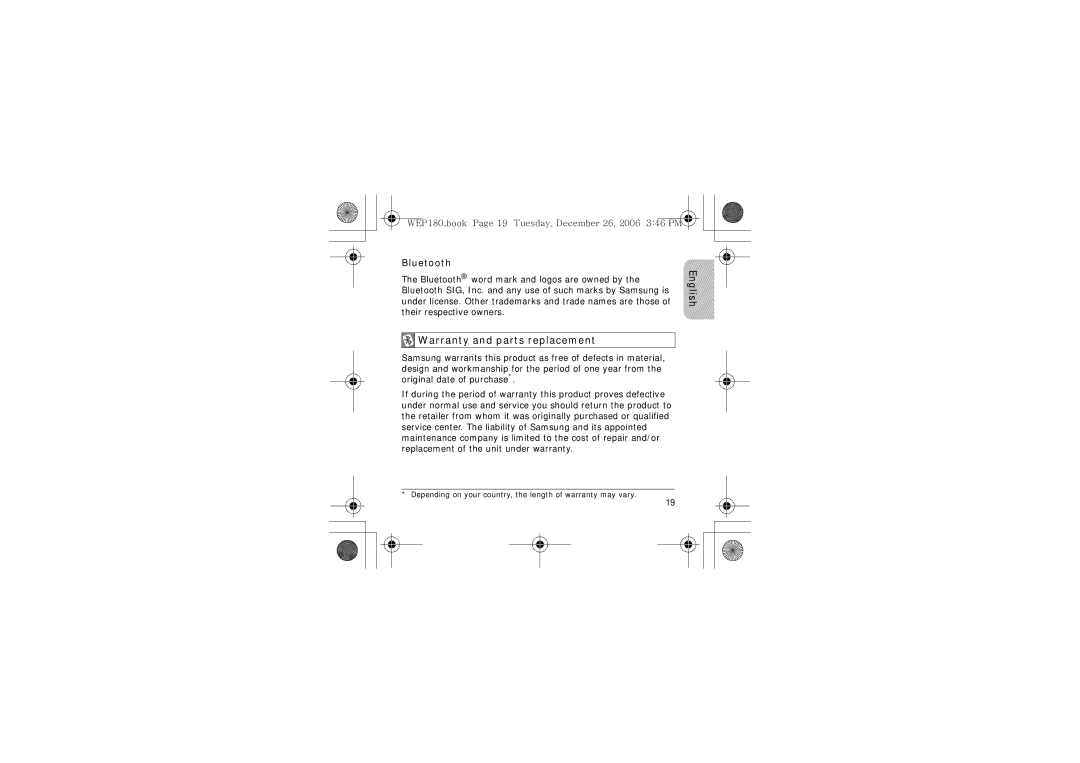 Samsung AWEP180EBECXET Bluetooth, Warranty and parts replacement, WEP180.book Page 19 Tuesday, December 26, 2006 346 PM 