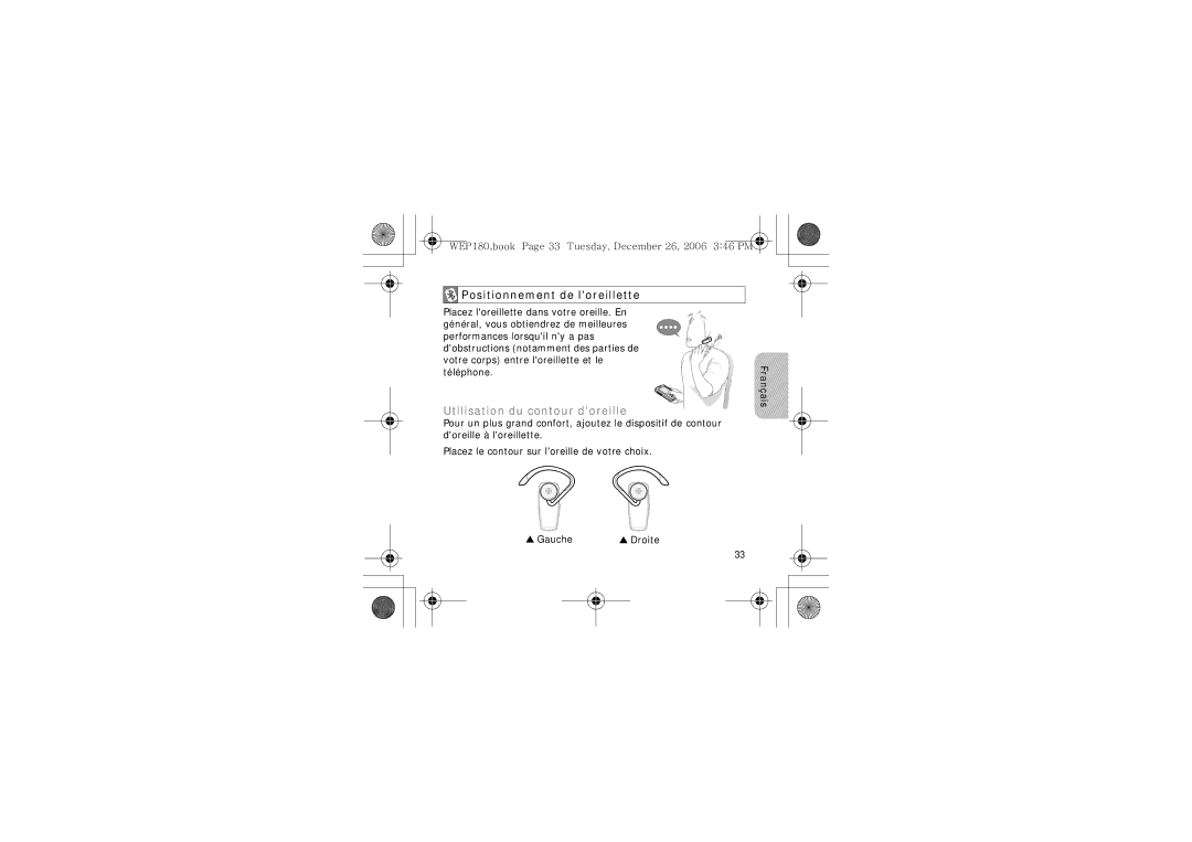 Samsung AWEP180EBECXET manual Positionnement de loreillette, Utilisation du contour doreille 