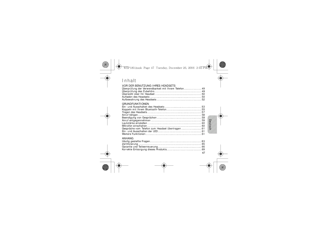 Samsung AWEP180EBECXET manual WEP180.book Page 47 Tuesday, December 26, 2006 346 PM, Deutsch 