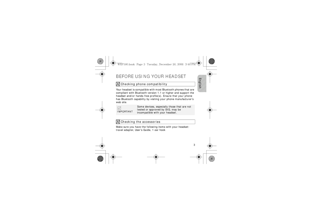 Samsung AWEP180EBECXET manual Before Using Your Headset, Checking phone compatibility, Checking the accessories 